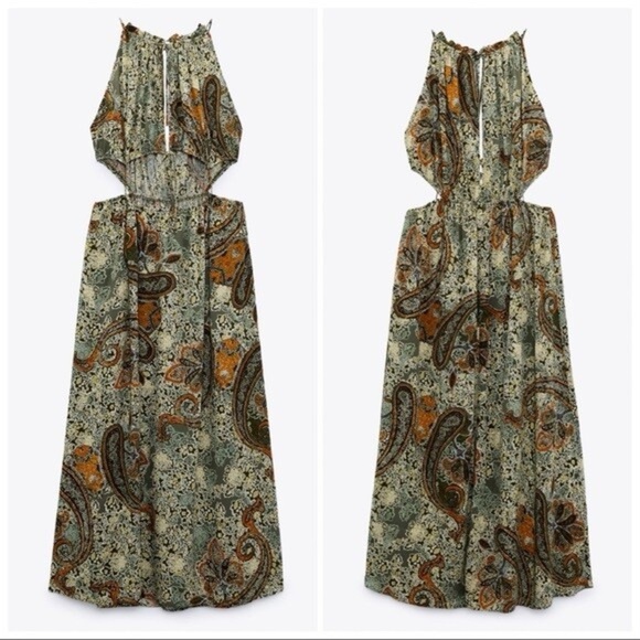 Zara Green Paisley Cutout Dress Size Large - Picture 6 of 13